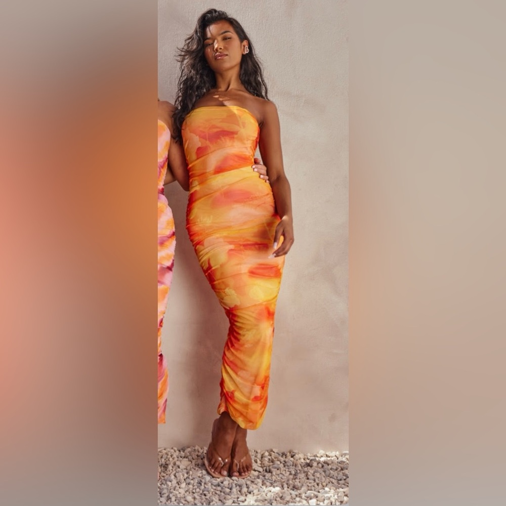 PrettyLittleThing Orange Floral Mesh Bandeau Ruched maxi dress size 2